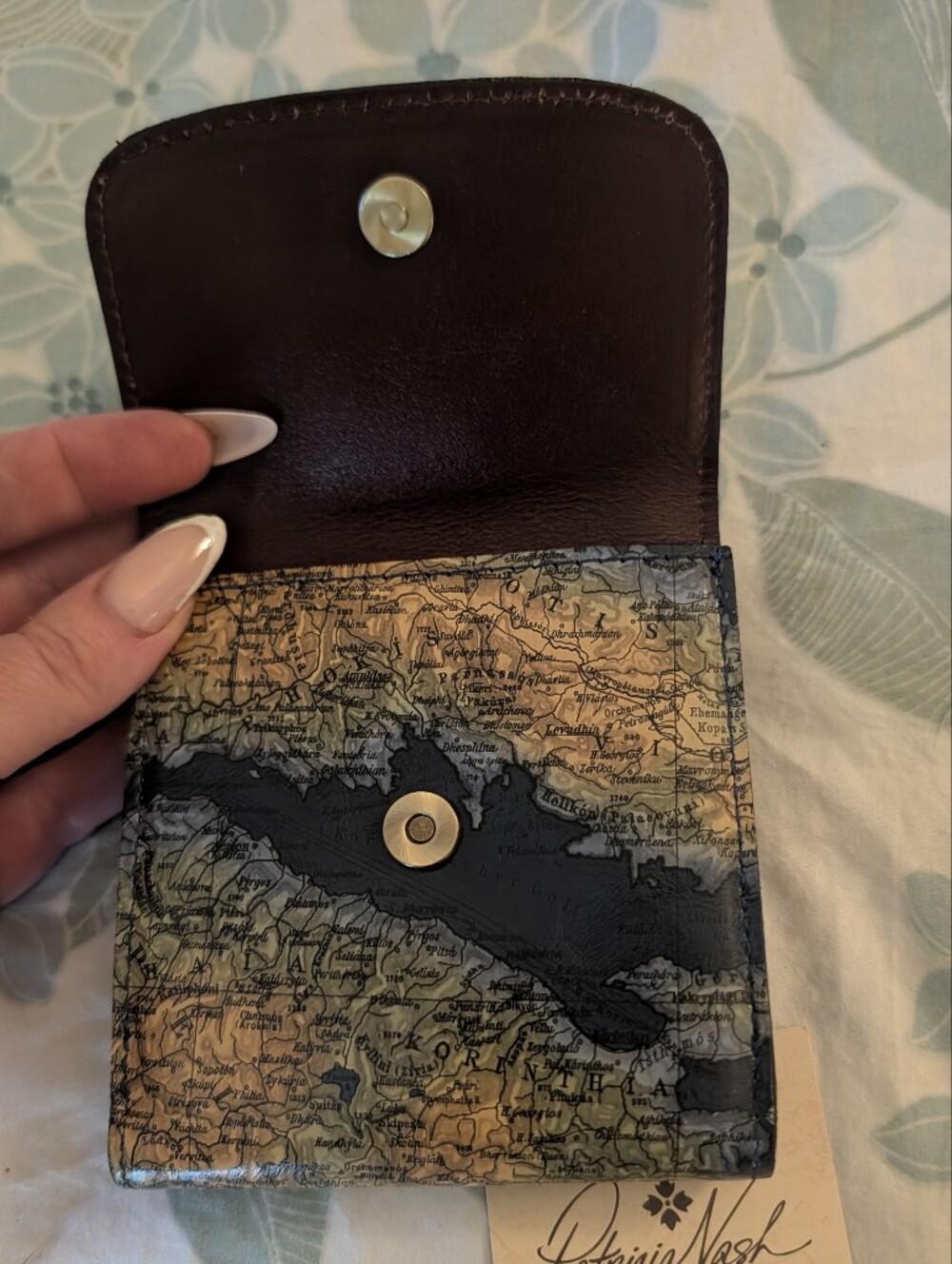Patrician Nash Astra Greek Map Print Italian Leather Bifold Wallet - Picture 7 of 13